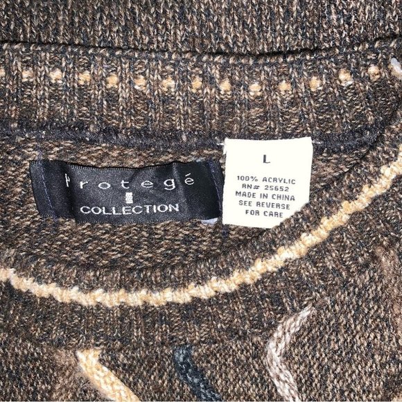 Protege Collection Vintage Grandpa Knit Sweater Brown Zigzag Crewneck Size Large - Picture 5 of 6